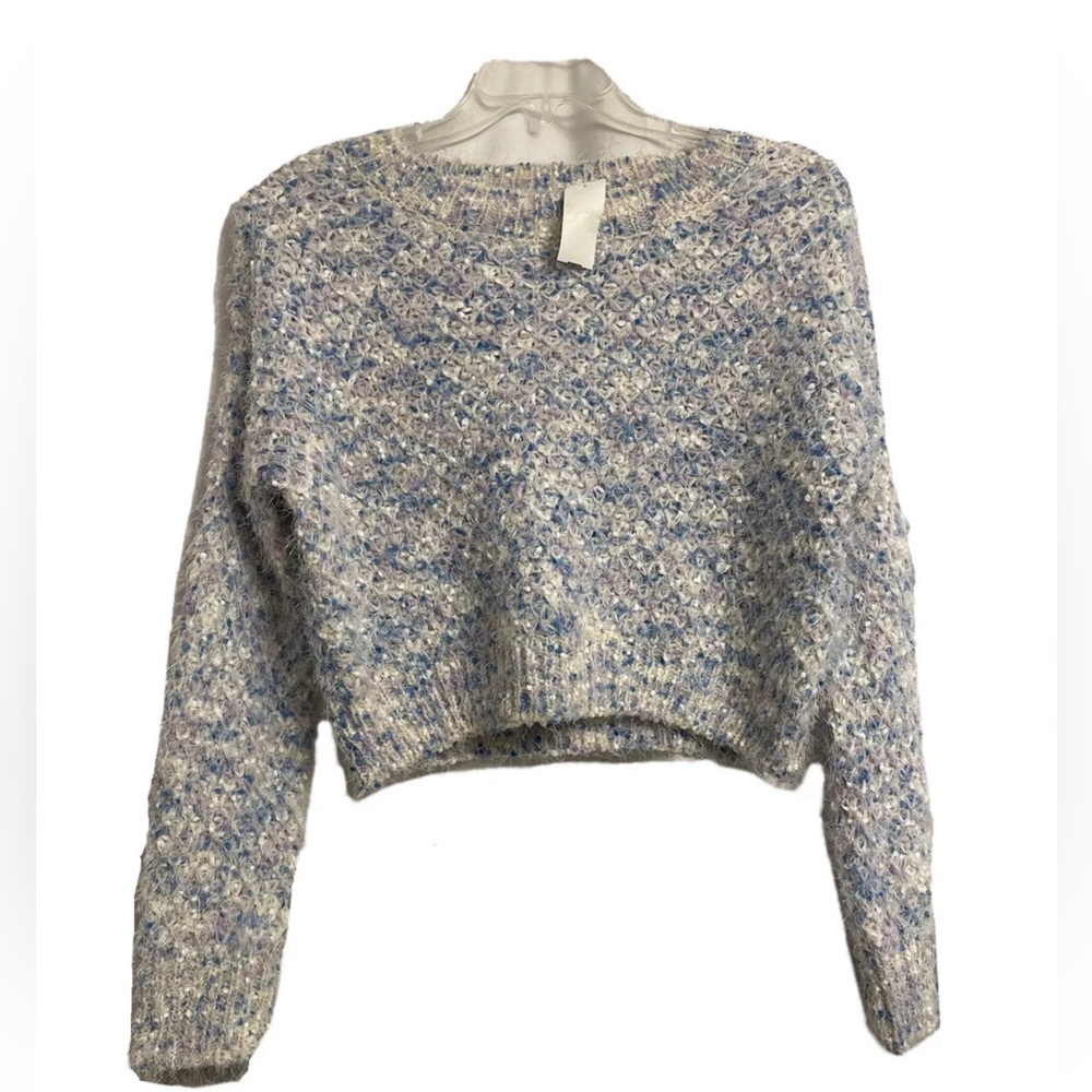 Made With Love by FCT Blue/whiteFuzzy Crop Crew Neck Sweater Size L.